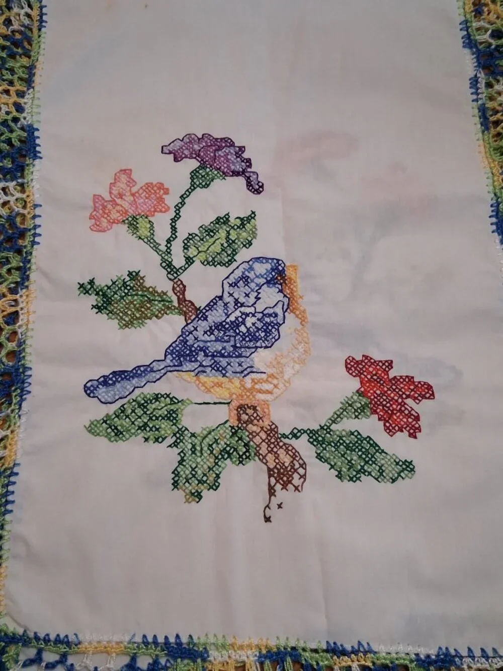 Embroidered Blue Bird Table Runner